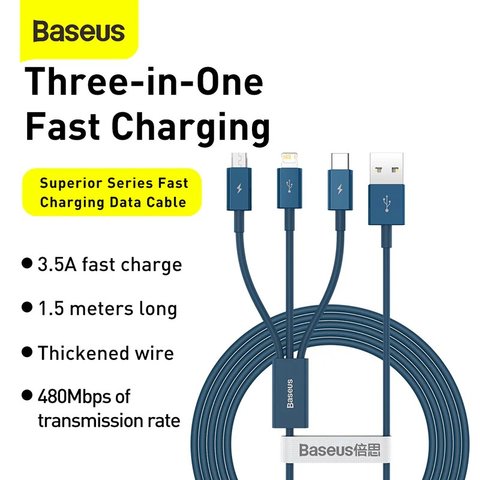 USB кабель Baseus Superior, USB тип-C, USB тип-A, micro-USB тип-B, Lightning, 150 см, 3,5 А, синий, силиконовый, 3 в 1, #CAMLTYS-03 Превью 2