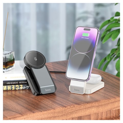 Безпровідний зарядний пристрій Hoco CQ3 3-in-1, Quick Charge, біле, USB тип-C, 15 Вт, розкладне, портативний, магнітне, #6942007602341 Прев'ю 2